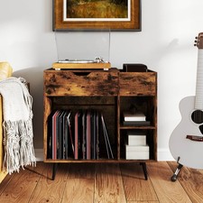 Record Player Stand w/ Power Outlet, Drawer, Removable Divider Industrial
