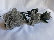 Black Ab French Beaded Roses   Set of 3 Handmade Everlasting Flowers Long Stem