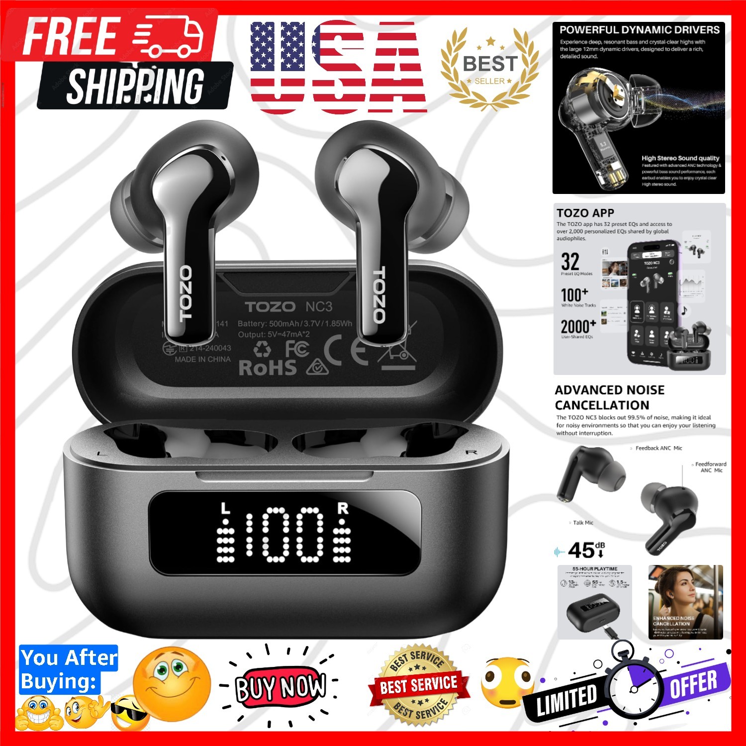 Wireless Earbuds Bluetooth 5.3 with Hybrid ANC & 40H Playtime-image