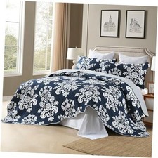 Reversible Quilt Set King 3-Piece, 100 King 106 x 98" Floral/Navy/White