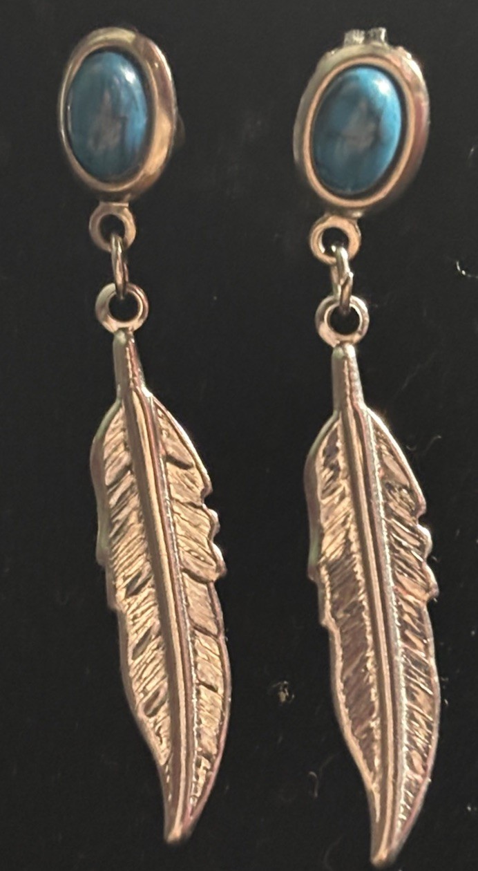 Silver Feather Dangle Earrings with Turquoise Sto… - image 2