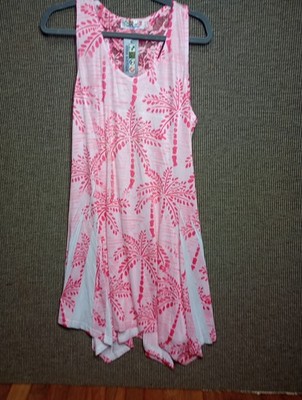 India Boutique Women Sundress Pink Palm Tree With Rhinestones & Lace Stretch