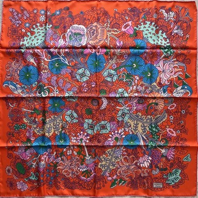 Hermes Carre 90 Silk Scarf Cache Cache Fleuri Orange Used