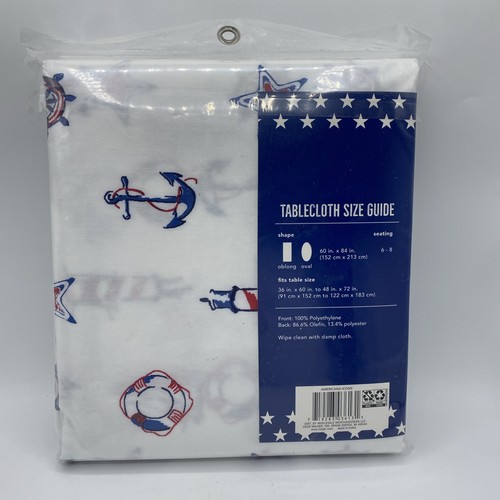 Patriotic Vinyl Tablecloth 60" x 84" Oblong Nautical Red White Blue - Picture 3 of 5