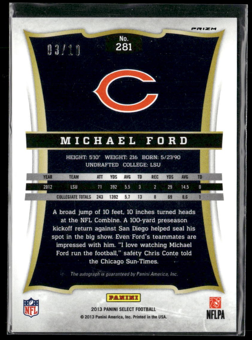 2013 Panini Select #281 Michael Ford Rookie Prizm Gold AUTO #/10 Bears J02 view 2
