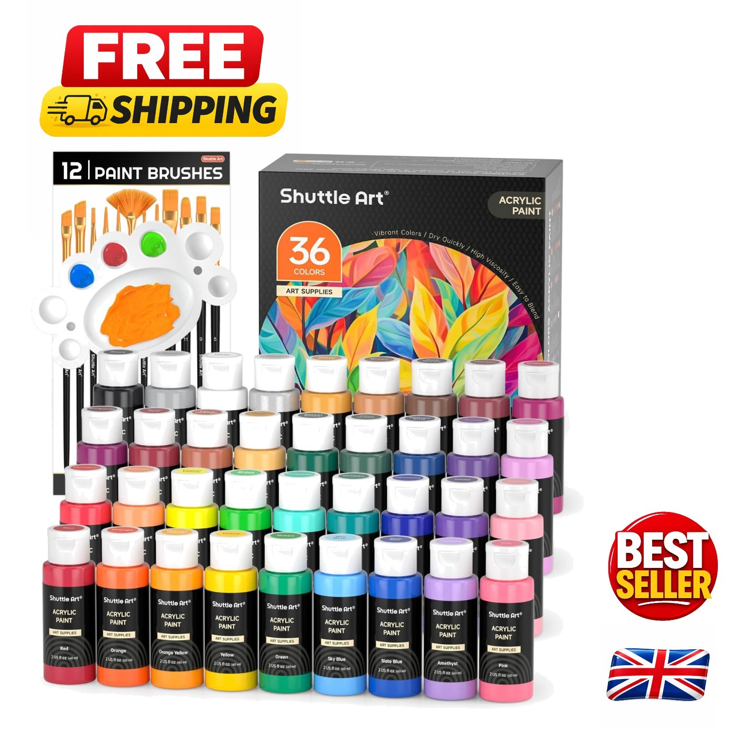 36-Color Acrylic Paint Set, 60ml with 12 Brushes & Palette - Non-Toxic Artistry