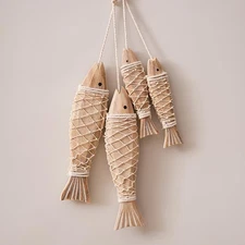 4 Pack Hand Carved Antique Wood Fish Sculpture Decor Ornament with Fishing Net, 