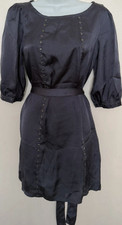Maggie + Me Gray Satin Belted Shift Dress Round Neck Puff Sleeve Size M