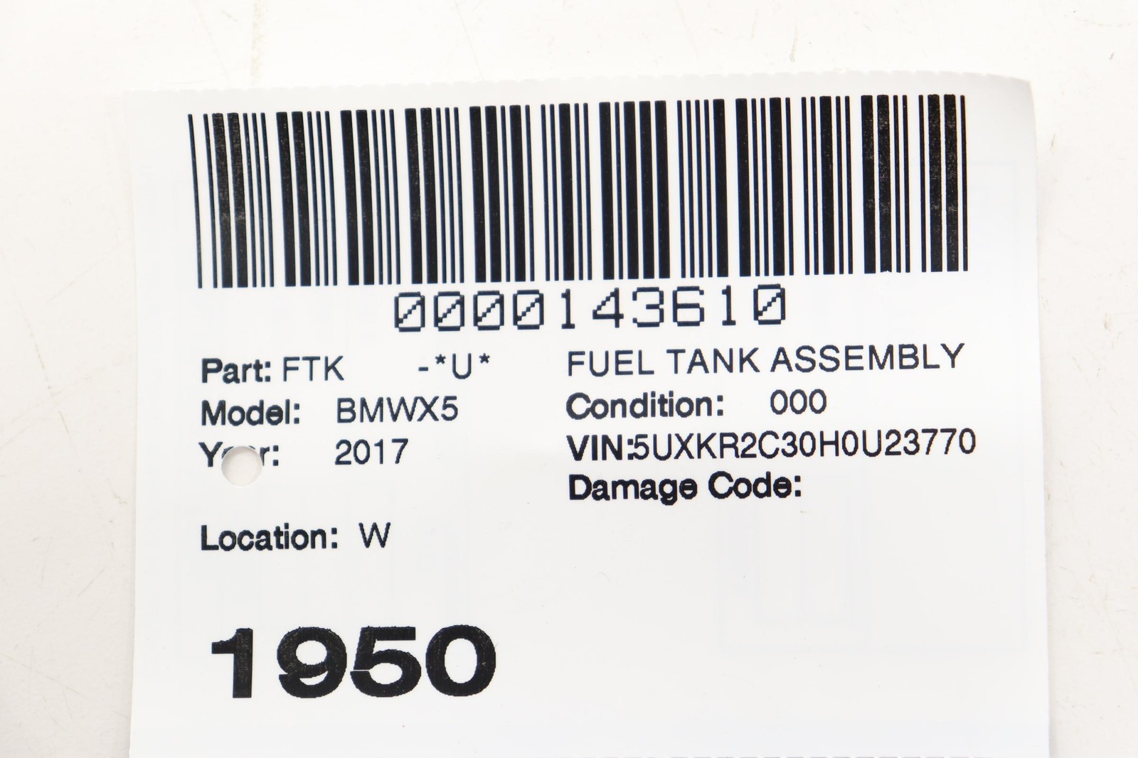 2014 - 2018 BMW X5 F15 REAR FUEL GAS TANK RESERVOIR STORAGE BOTTLE OEM