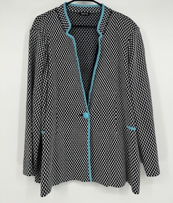 Misook black and white knit cardigan turquoise trim
