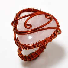 Rose Quartz Gemstone Handmade Antique Wire Wrap Copper Jewelry Ring 6" PG 609