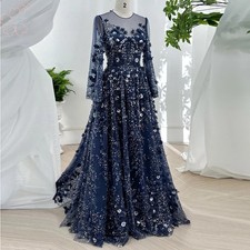 Elegant Navy A-Line Evening Dress with 3D Flowers Long Sleeves Formal Prom Gown