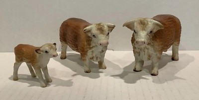 Vintage Lefton Porcelain Hereford Bull, Cow, Calf Figurines - Family of 3