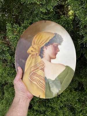 Antique Portrait Painting on Porcelain Plaque Young Woman Signed LMS 1896 HUGE