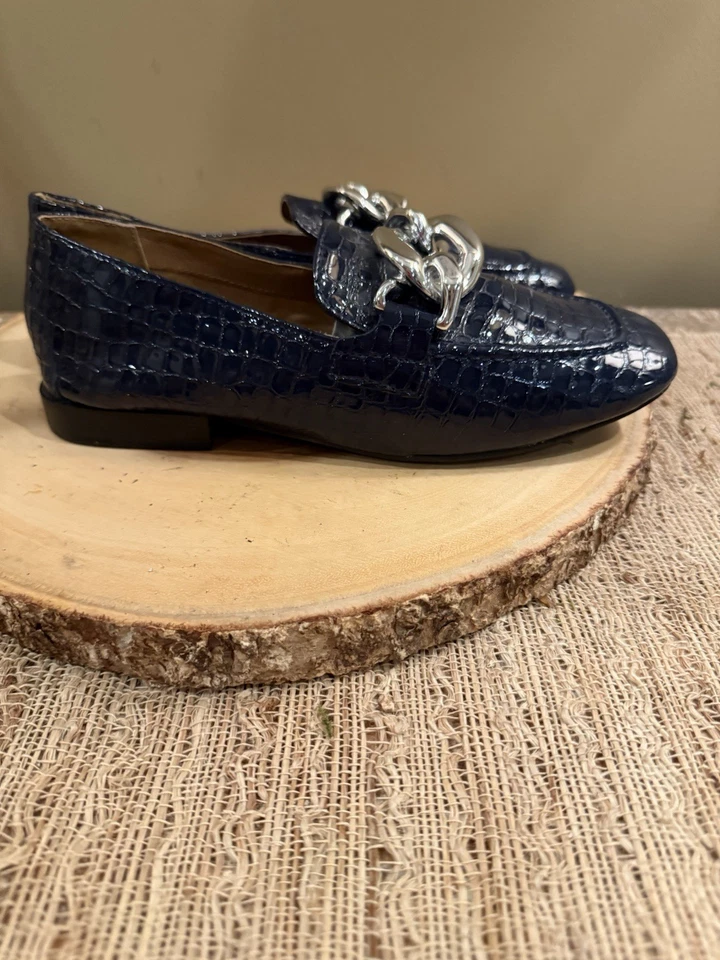 Zapatos para mujer Donald Pliner Bristol azul marino eslabón astilla cocodrilo mocasín plano talla 6,5 Foto 4 de 4
