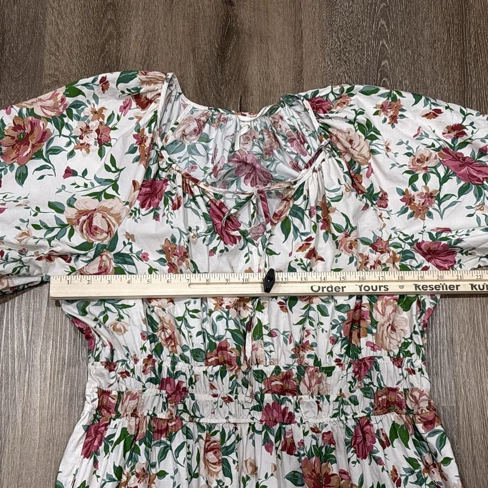 Anthropologie Somerset Dress Size 1X White Pink Floral Maxi Puff Sleeve Cotton - Image 4 of 4