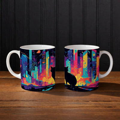 Neon Katze City Lights Tasse | Künstlerische Skyline Kaffeetasse | Handbedruckt Katze Geschenk