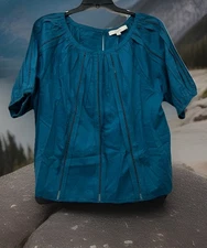 NEW NWT Loft “Cutout” Raglan Sleeve Solid Teal Cotton Blend Blouse Sz Large A54