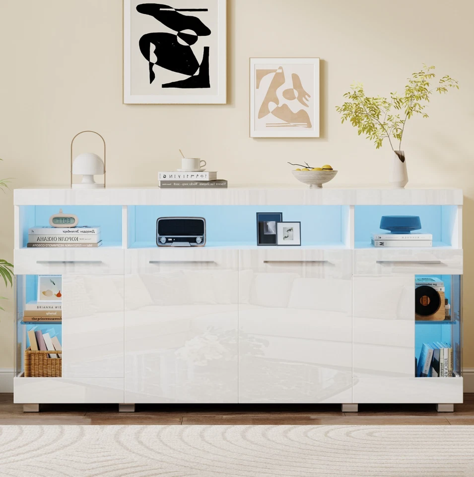 Moderner Sideboard Kommode Anrichte Schrank mit LED Beleuchtung Weiß Hochglanz - Bild 3 von 4