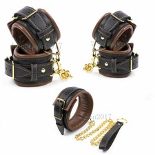 Brown Binding Padded Leather Wrist Ankle Cuffs Handcuff Collar Restraint Toy