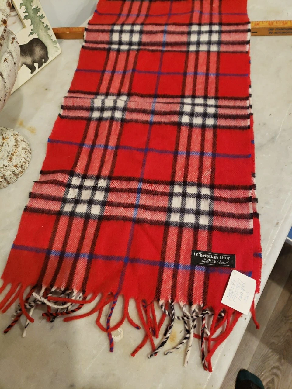 Écharpe frange noire rouge vintage Christian Dior MONSIER neuve avec étiquettes