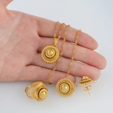 Ethiopian Bridal Jewelry Set Gold Plated Necklace Earrings Ring African Wedding
