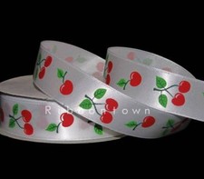 5 Yards Cherry Cherries Fruit White Satin Ribbon 7/8"W