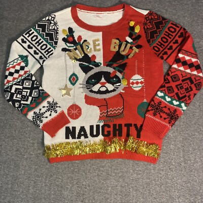 Ugly Christmas Sweater Cat Nice But Naughty No Boundaries Tag L