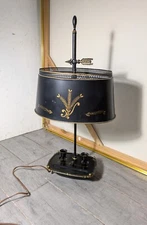 Read Vintage Black French Empire Bouillotte Table Lamp Candle Holder Tole Shade