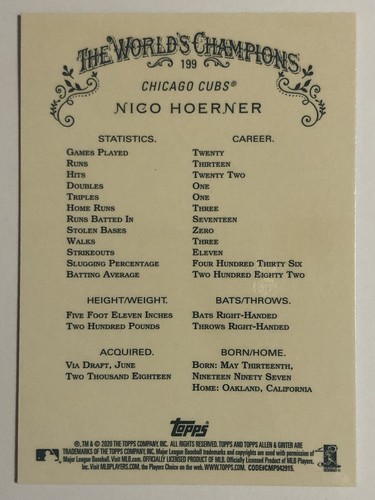 2020 Topps Chrome Allen Ginter NICO HOERNER - #199 - RC - A834 - Picture 2 of 2