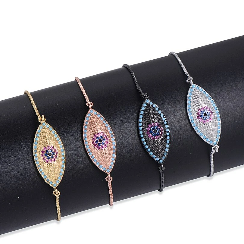 Large Evil Eye Pave Cubic Zirconia Rose Gold Thin Adjustable Bracelet - Image 4 of 4