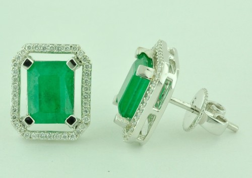 3.32 ct 14k White Gold Natural Diamond Zambian Emerald Cut Emerald Earring Halo