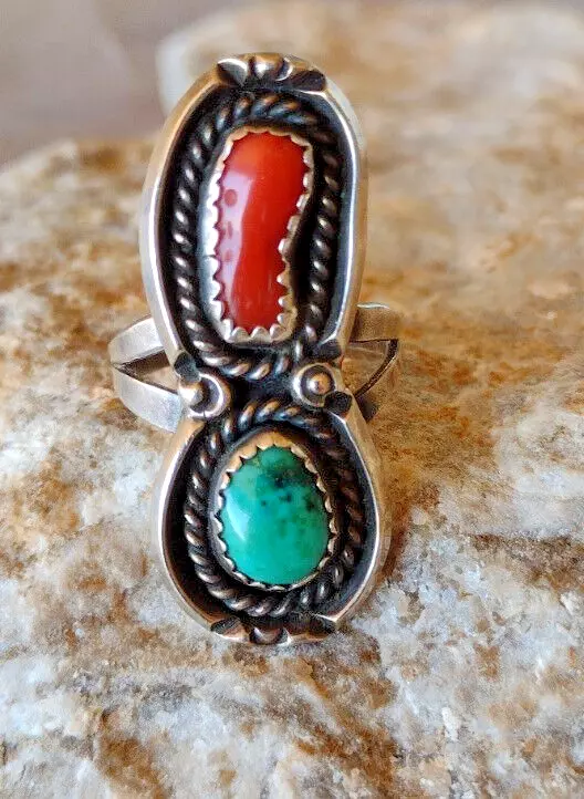 Native American Sterling Silver Turquoise, Mediterranean Coral