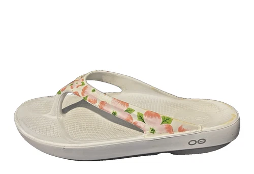 Oofos Ooriginals White Floral Flip Flop Thong Recovery Unisex Sandals Size 9