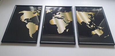 Weltkarte Schwarz & Gold A4 Hochglanz Drucke 3er Set Wandbilder Geschenke