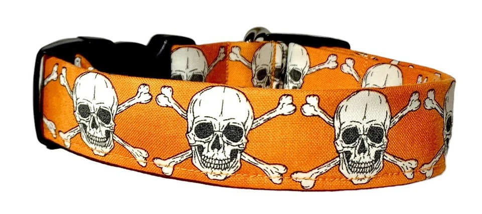 Orange & White Glow In The Dark Skulls HANDMADE Dog Collar NOT LED/ELECTRONIC
