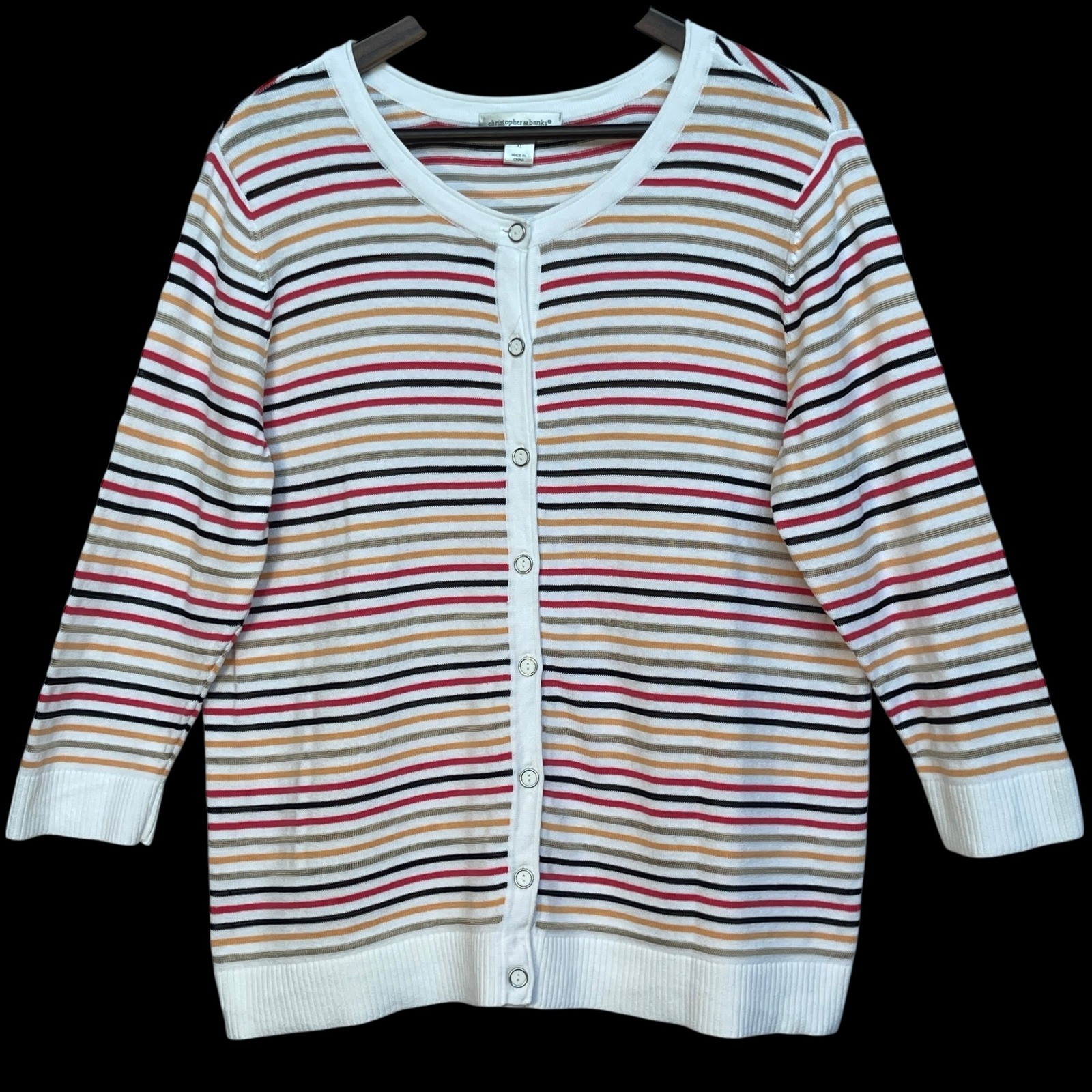 Christopher & Banks Women XL Striped Button Front Cardigan 3/4 Sleeve MultiColor