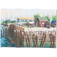 Donald Gotz Boathouse by the Bay Acrylic on Canvas 26x18 Signed 1975