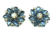 Garne NY Blue AB Crystals Big Flower Silver Tone Clip Earrings Retro Vintage