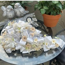 Vtg Ivory bridal/Quincea era bouquet, Paste flowers, faux pearls, ribbon 90  s