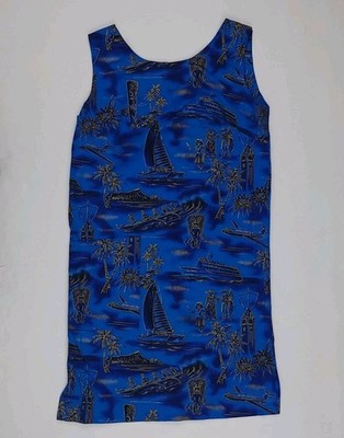 Vintage 70s 80s Fashions Of Hawaii All Over Pattern Dress Blue USA Hawaiian Rare