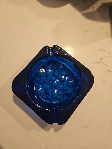 Vintage Blenko Blue Bubble Base Thick Heavy Glass 2 Slot Ashtray