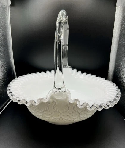 Vintage Fenton Silver Crest White Milk Glass Spanish Lace Basket MINT