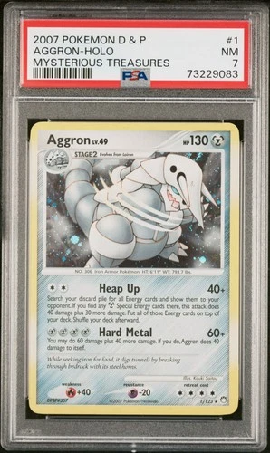 2007 POKEMON DIAMOND & PEARL MYSTERIOUS TREASURES #1 AGGRON-HOLO PSA 7