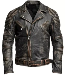 Homme moto motard décontraction Brown Veste en cuir véritable Cowhide