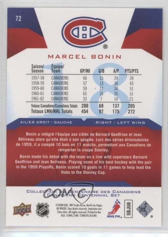 2008-09 Upper Deck Montreal Canadiens Centennial Set Marcel Bonin #72 - Image 2 of 2