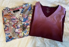 Set of 2 Koi Lite Women's Scrub Tops Size Med Floral And Burgundy Ombr 