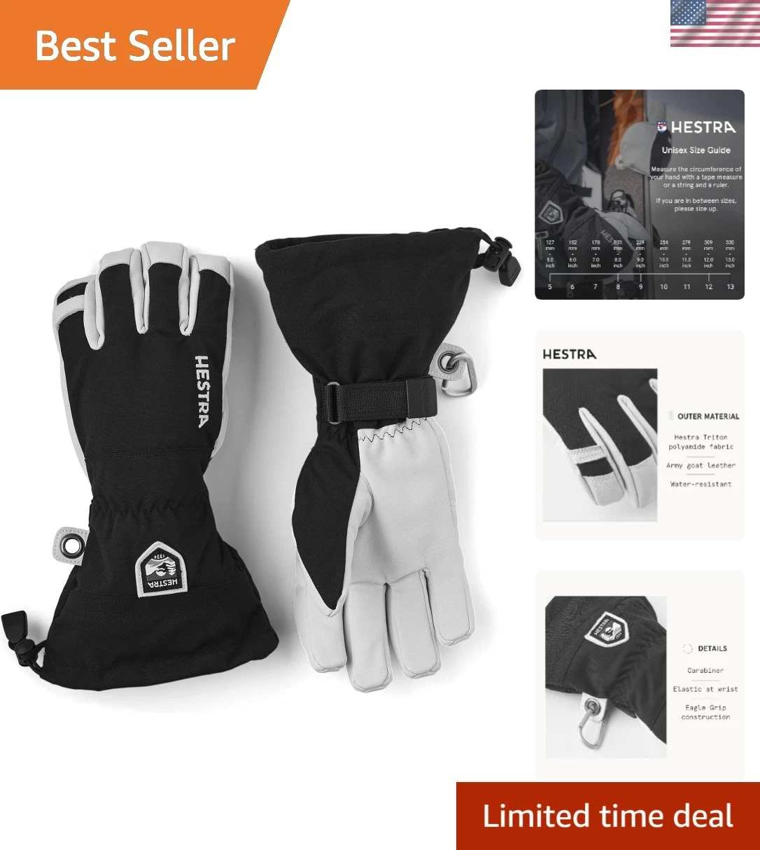 Army Leather Heli Ski Glove, 5-Finger Snow Glove for Skiing & Snowboarding fo...