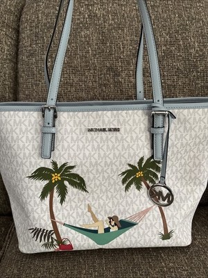 Michael Kors White/Blue Signature Purse Jet Set Girls Bag Beach Palm Trees