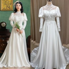 Vintage A-Line Intricate Wedding Dresses High Neck Long Sleeves Satin Applique